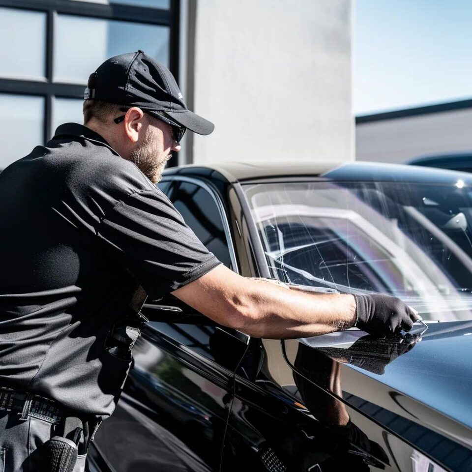 Professional window tint installation on a vehicle in Salt Lake City, showcasing the technician at work