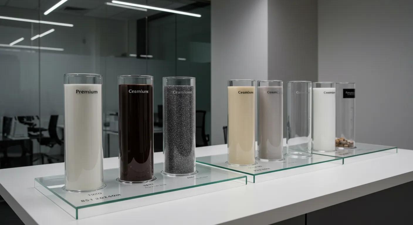a polished office setting showcases a sleek side-by-side display of premium and standard ceramic coatings in clear glass containers, highlighting their contrasting finishes and textures under professional lighting, emphasizing the durability and gloss of the premium option against the more basic standard coating.