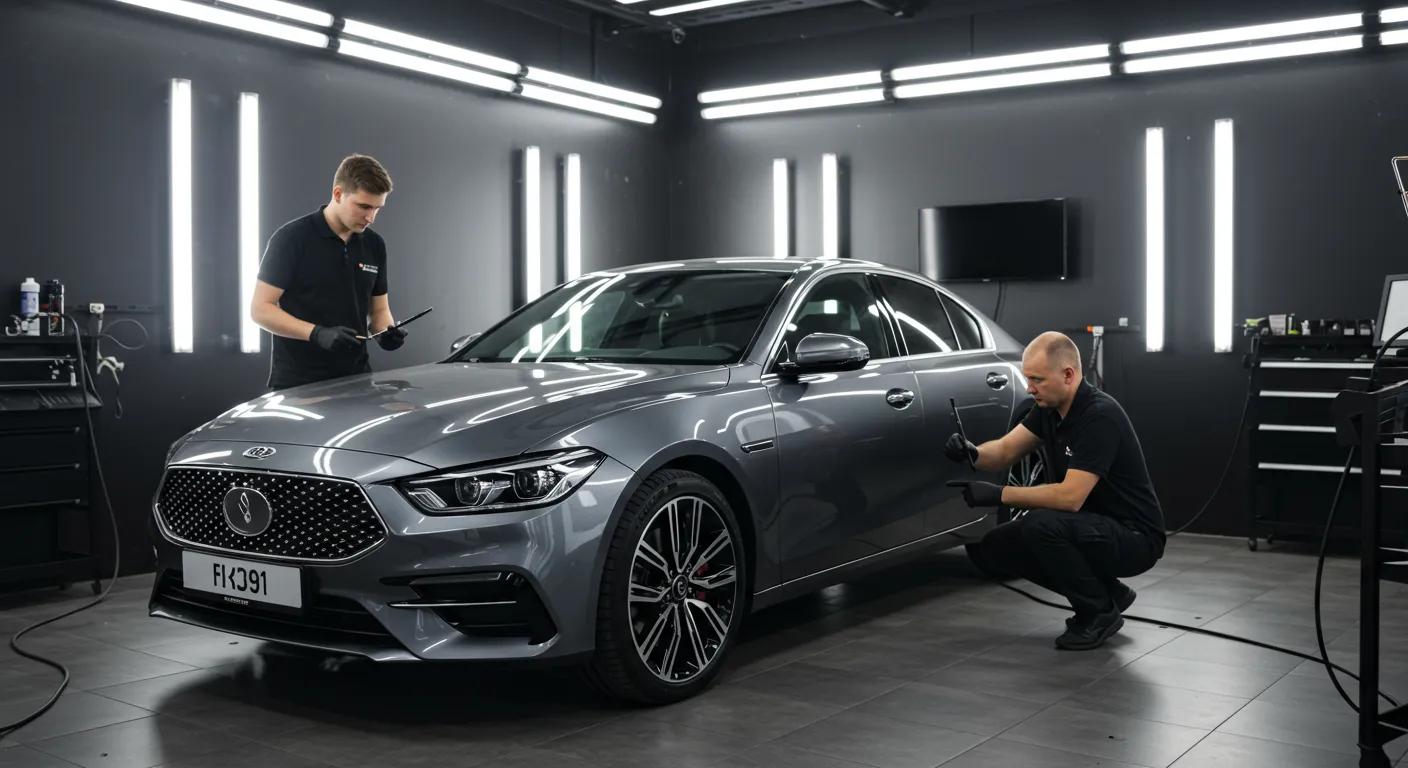 a polished and modern automotive detailing workshop showcases a sleek, luxury vehicle under bright artificial lights, with technicians analyzing its paint condition and discussing specifications for high-quality ceramic coating services.