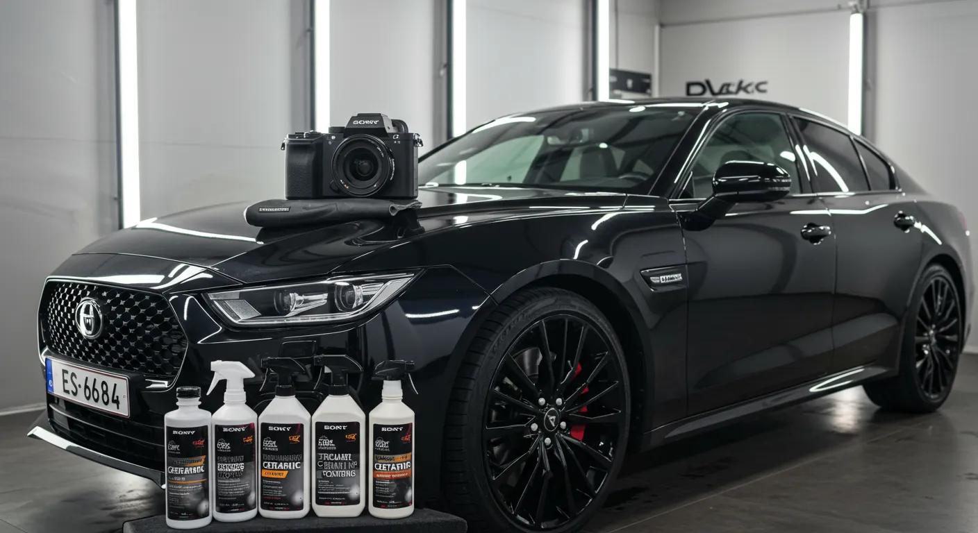 a sleek, modern car gleams under bright studio lights, showcasing its pristine ceramic coating while a variety of specialty detailing products, arranged artfully in the foreground, emphasize the importance of using the right treatment for optimal surface protection.