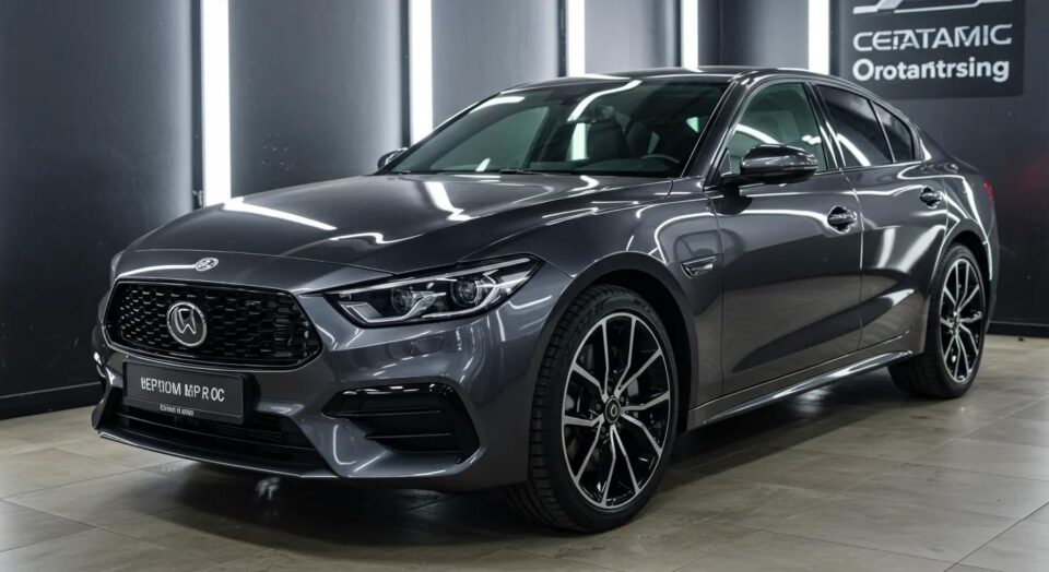 a sleek, modern car gleams under the bright lights of a high-end automotive detailing shop, highlighting the contrasting finishes of premium and standard ceramic coatings showcased on adjacent sections of the vehicle.