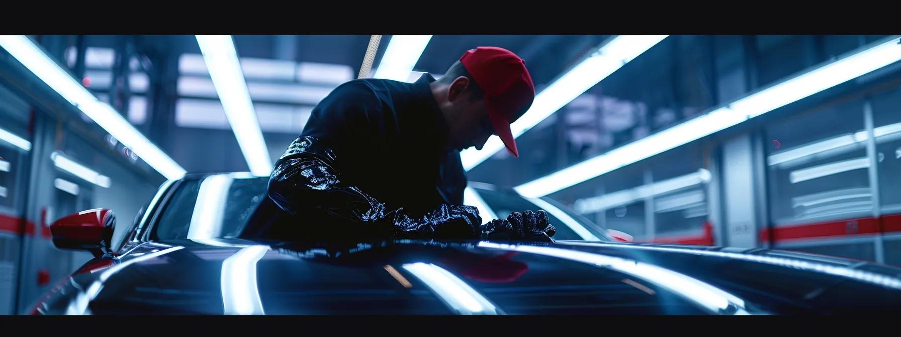 a skilled auto detailing technician meticulously applies a flawless ceramic coating to a sleek, glossy car surface in a modern, well-lit garage, highlighting the precision and professionalism of the detailing process.