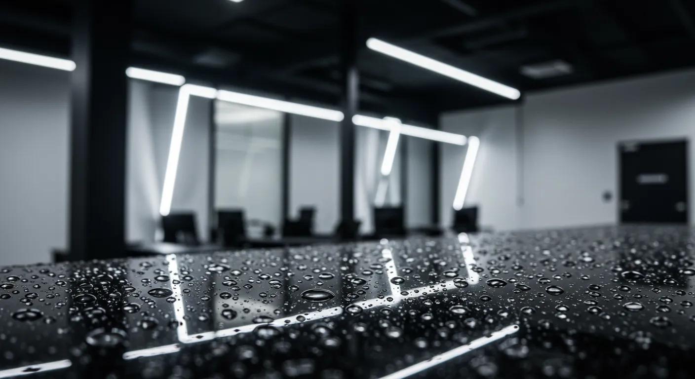 a sleek, modern office space features a close-up of a glossy ceramic-coated surface, with water droplets beading and rolling off, showcasing the advanced hydrophobicity and self-cleaning properties of the coating under bright, focused led lighting.