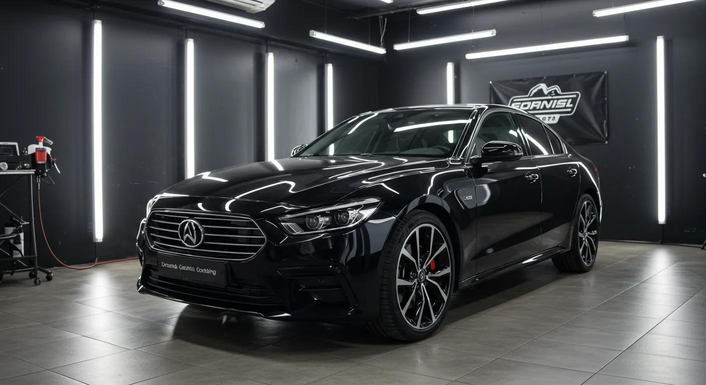 a sleek, polished car with a vibrant, reflective finish sits prominently in a modern auto detailing studio, showcasing the luxurious sheen and protective qualities of premium ceramic coatings under bright, focused artificial lighting.