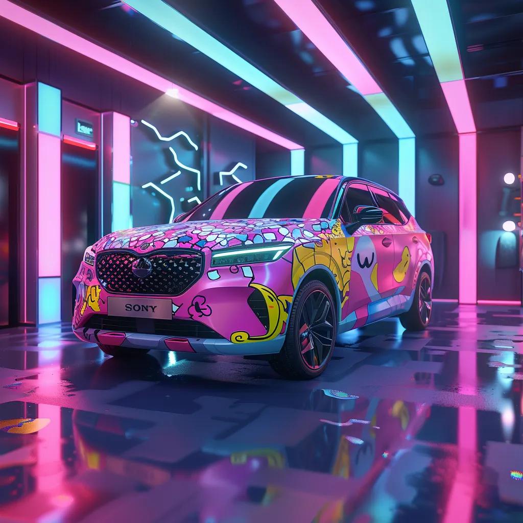a colorful, engaging illustration of a friendly cartoon car gleaming under bright office lights, showcasing the protective benefits of ceramic coating with playful graphics highlighting its durability and shine.