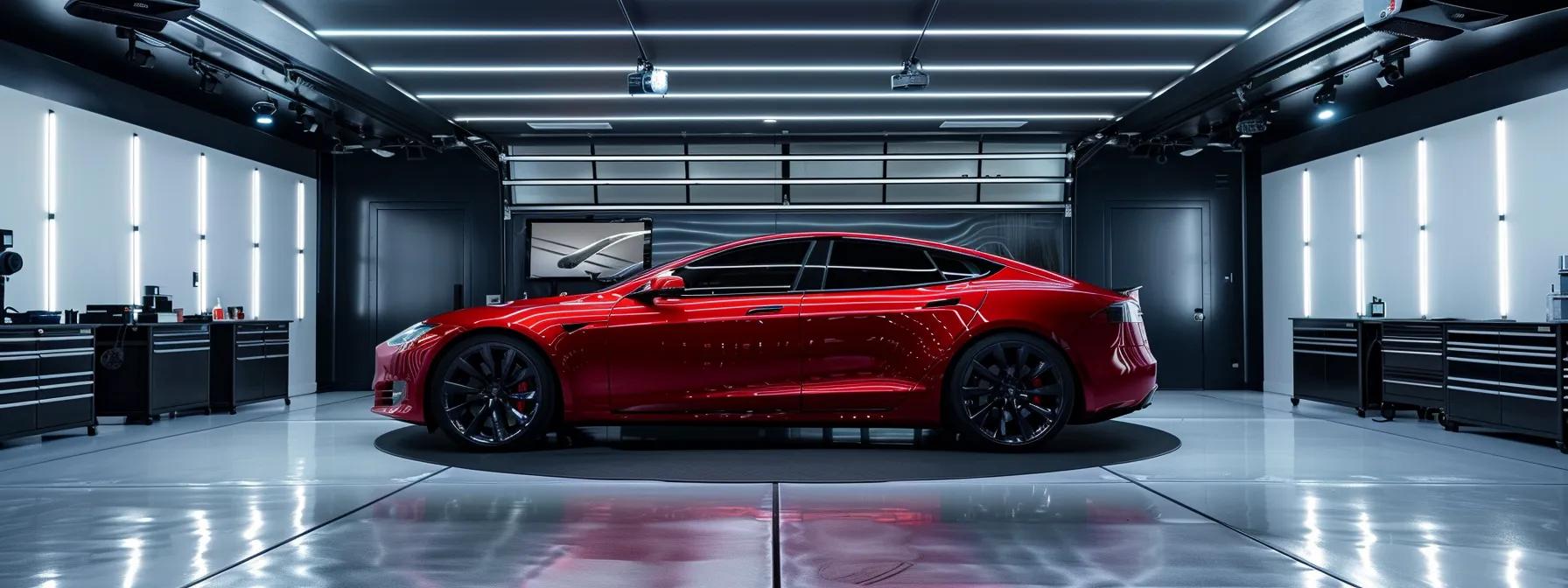 a gleaming, newly coated luxury car, showcased in a modern garage with sleek lighting and polished surfaces, emphasizes the superior shine and protection of ceramic coatings compared to other vehicle protective options.