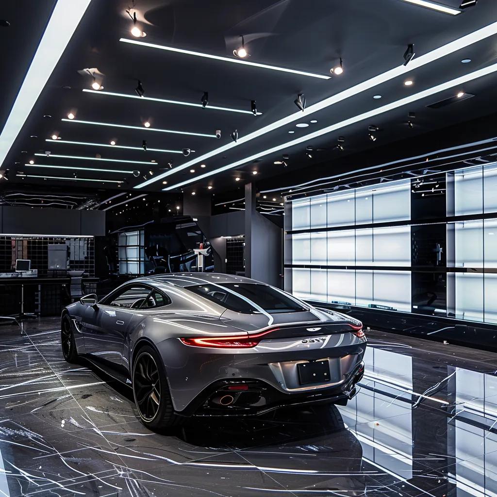 a sleek, modern auto detailing studio showcases a meticulously polished car under bright, focused led lights, highlighting the contrast between the pristine finish and the surrounding high-tech equipment.