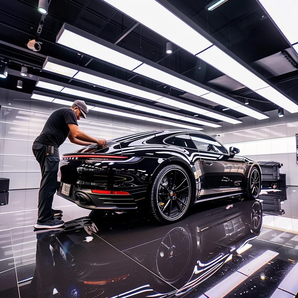 a sleek, modern auto detailing shop showcases a technician applying a glossy ceramic coating to a luxury car, highlighting the reflective surface under bright studio lighting.