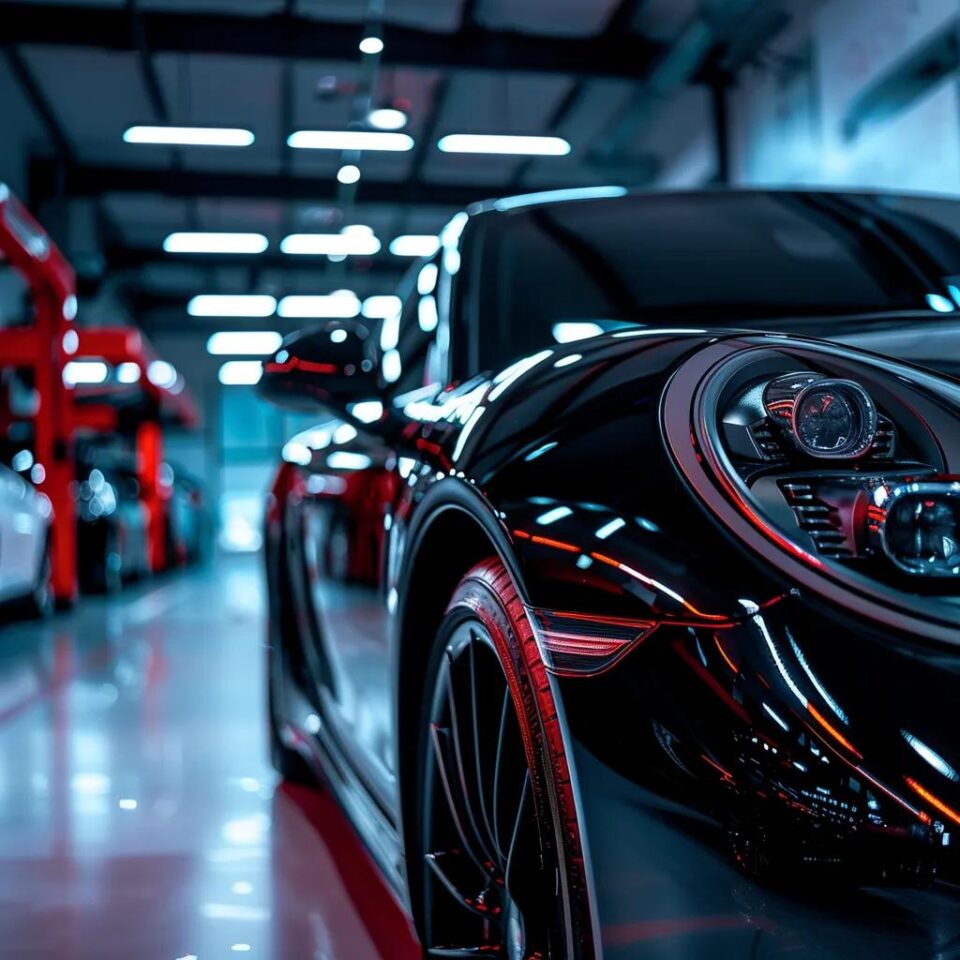 a sleek, modern automotive workshop showcases a close-up of a car's glossy exterior, reflecting the precision application of a vibrant ceramic coating under bright, artificial lighting.