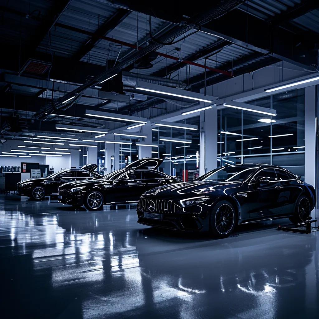 a sleek, modern automotive workshop displays a vivid showcase of gleaming vehicles under bright led lights, emphasizing the durability and shine of their freshly applied ceramic coatings.