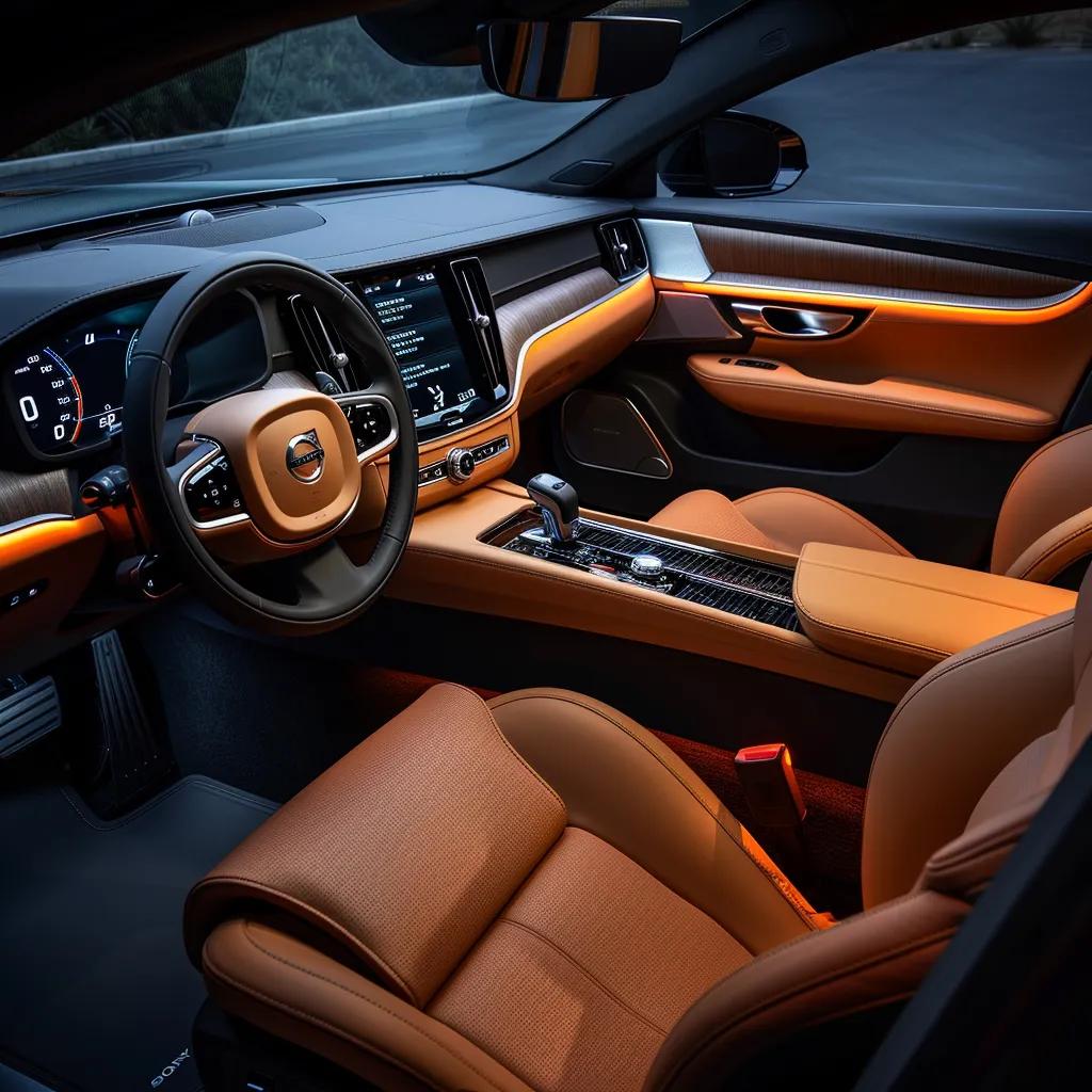a sleek, modern car interior showcases polished leather seats and advanced safety features illuminated by ambient dashboard lighting, emphasizing the importance of meticulous detailing for enhanced vehicle safety.
