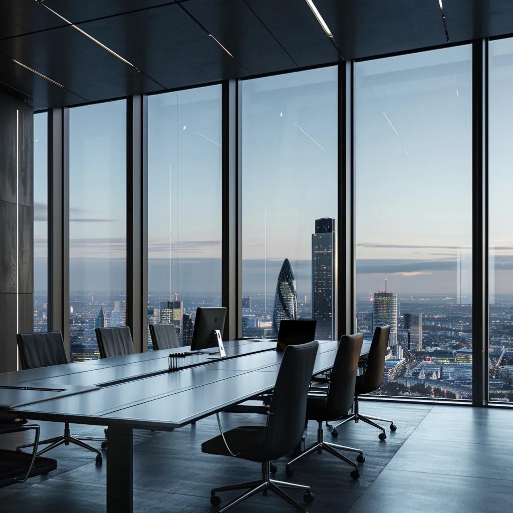 a sleek, modern office interior showcases two large window panels, one tinted with a deep, matte carbon film and the other with a glossy ceramic finish, highlighting the contrast in appearance and reflecting a sophisticated urban skyline.