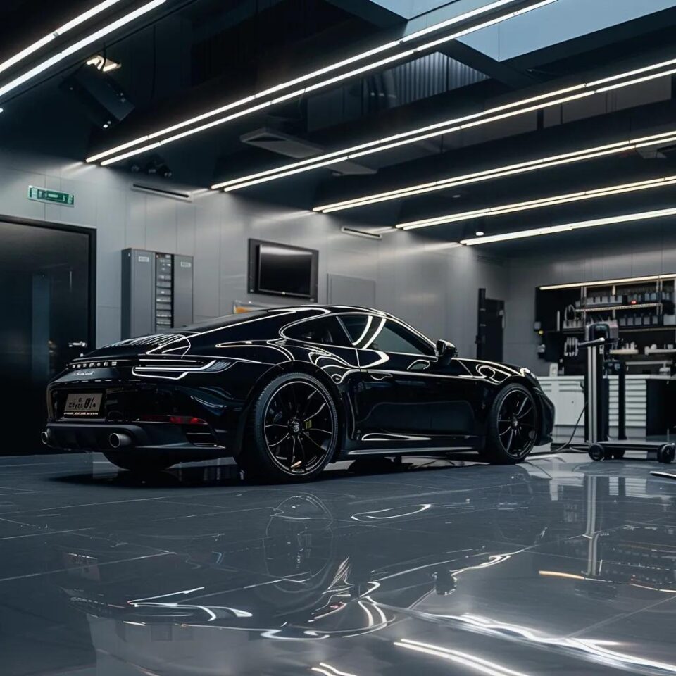 a sleek, modern workshop interior showcases a professional detailing setup with a pristine car having a glossy ceramic coating being meticulously polished under bright studio lighting, emphasizing the theme of effective care and maintenance.