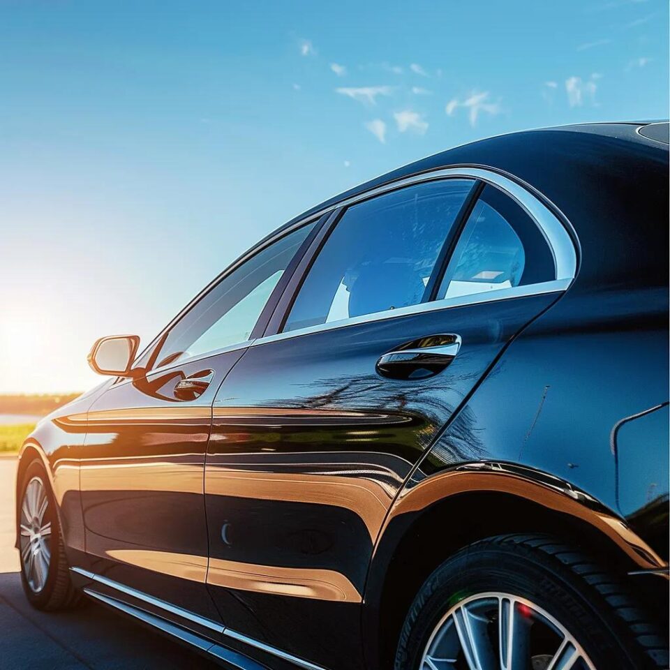Car with tinted windows parked under the sun, showcasing the benefits of window tinting