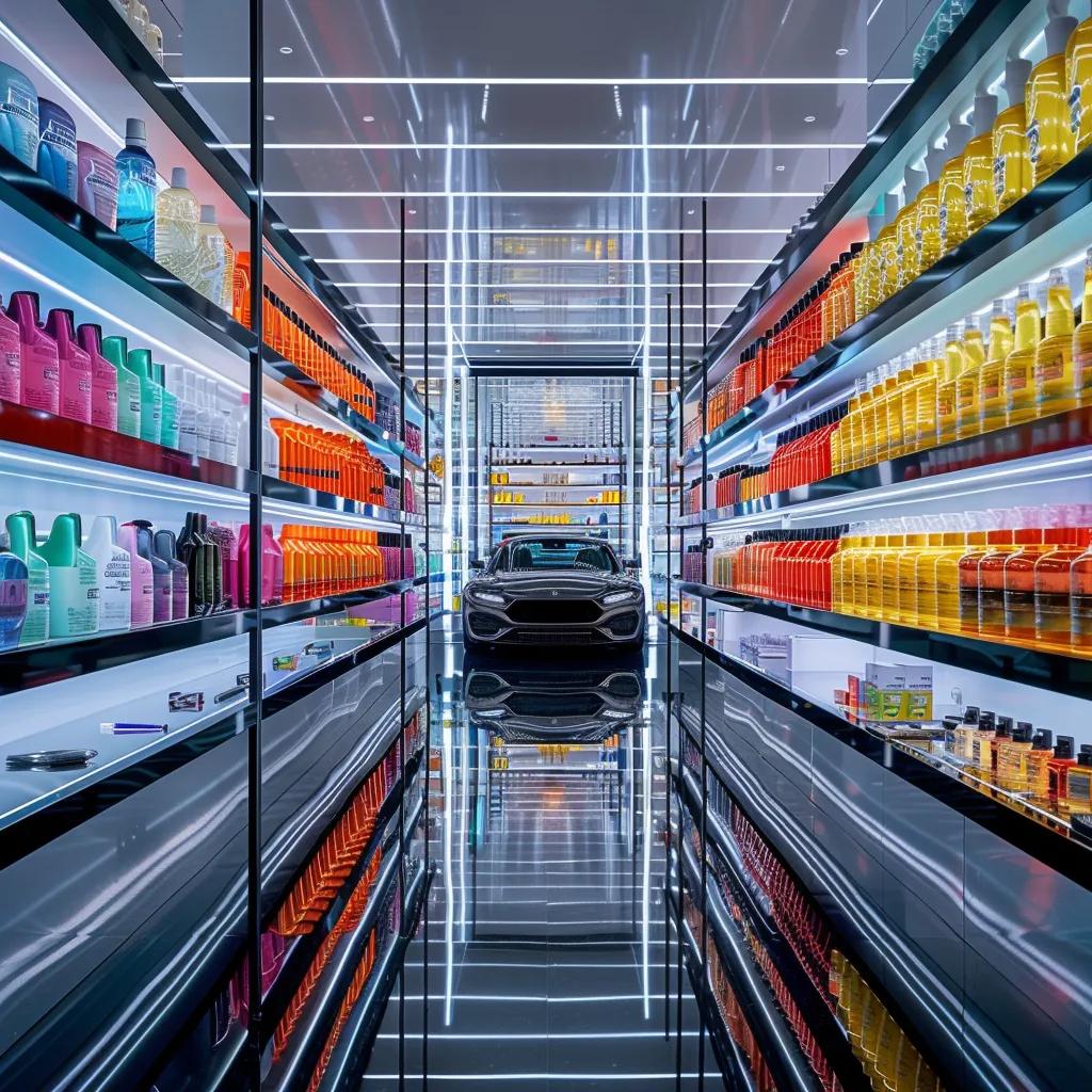 a sleek automobile gleams under bright overhead lights in a modern detailing workshop, surrounded by an array of vibrant, high-quality cleaning products meticulously organized on stainless steel shelves.