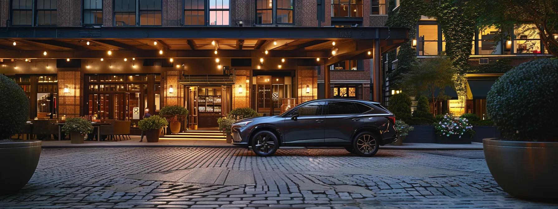 a sleek, modern vehicle is parked in a bustling urban driveway while a professional mobile detailing service efficiently works on it, showcasing the convenience and personalized touch of on-site car care against a backdrop of nearby high-rise buildings and city life.