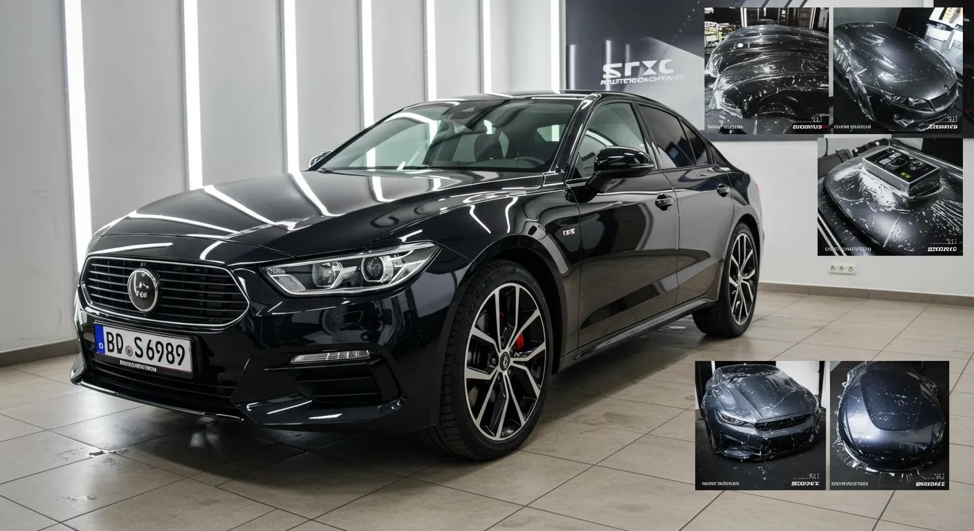 a sleek, high-end vehicle gleams in a modern showroom, showcasing its flawless surface with a glossy ceramic coating, while contrastive images of traditional waxing and paint protection film lie prominently in the background, emphasizing the advanced protective technology.