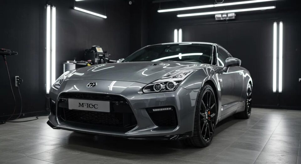 a sleek, modern auto detailing shop showcases a polished sports car under bright, focused lighting, highlighting the intricate textures of its freshly applied ceramic coating against sleek metallic surfaces.