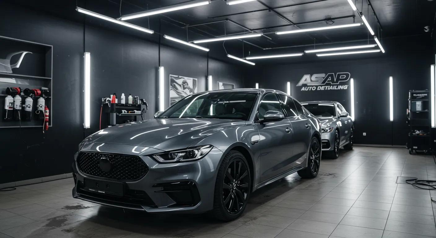 a sleek, modern auto detailing studio showcases meticulously polished vehicles under bright, professional lighting, emphasizing the high-quality service and attention to detail that defines asap auto detailing.