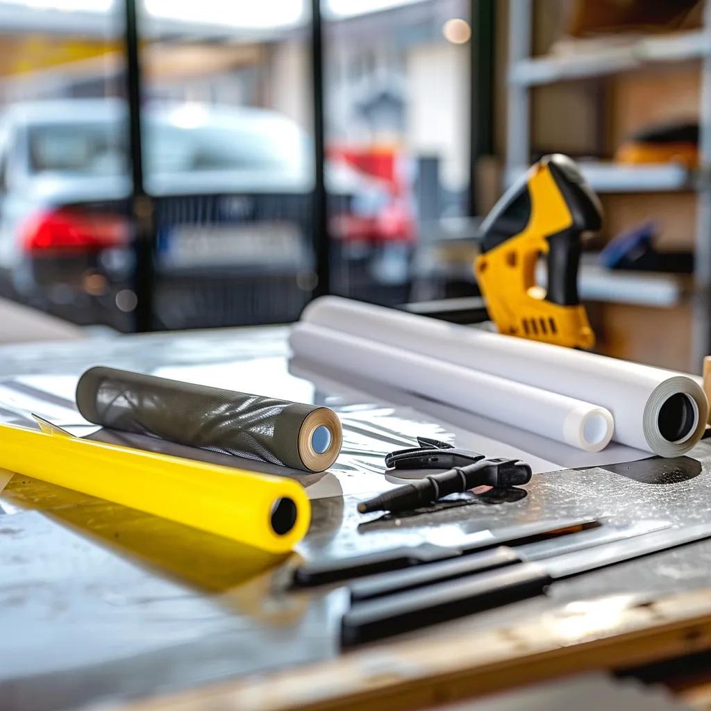DIY window tinting kit with tools and film displayed in a home garage setting