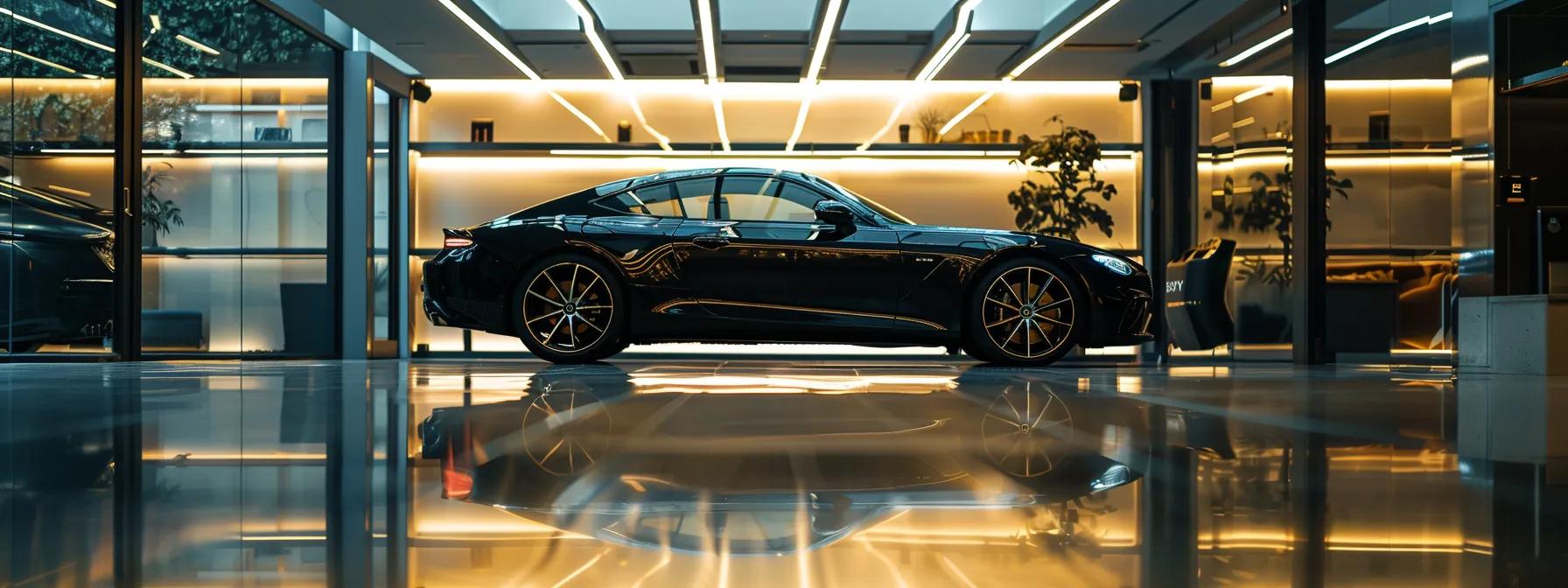 a gleaming luxury car, meticulously detailed and parked in a sleek, modern garage, reflects the ambient glow of showroom lighting, highlighting its flawless finish and the precision of its detailing.