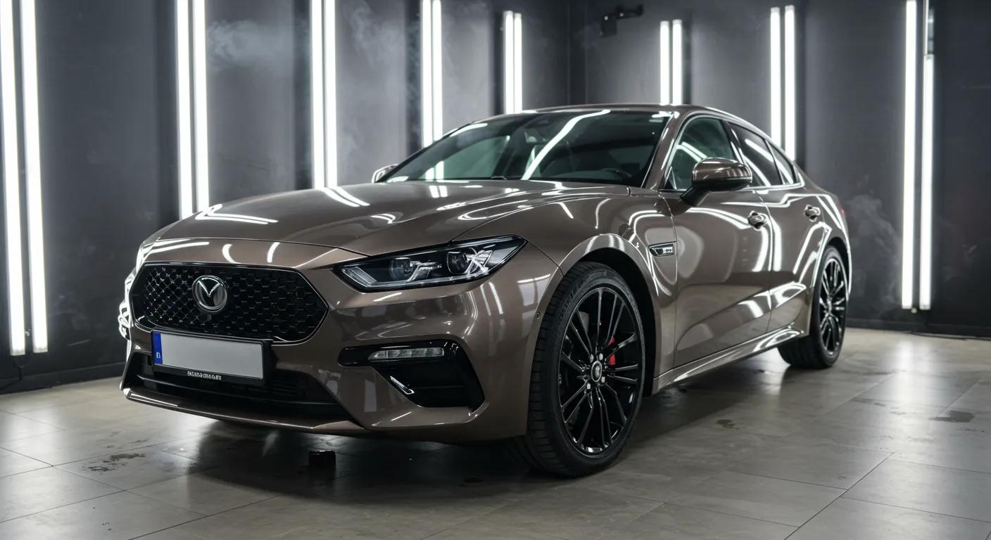 a sleek, modern car gleams under the fluorescent lights of a high-end auto detailing shop, showcasing its pristine finish and vibrant colors enhanced by a flawless ceramic coating.