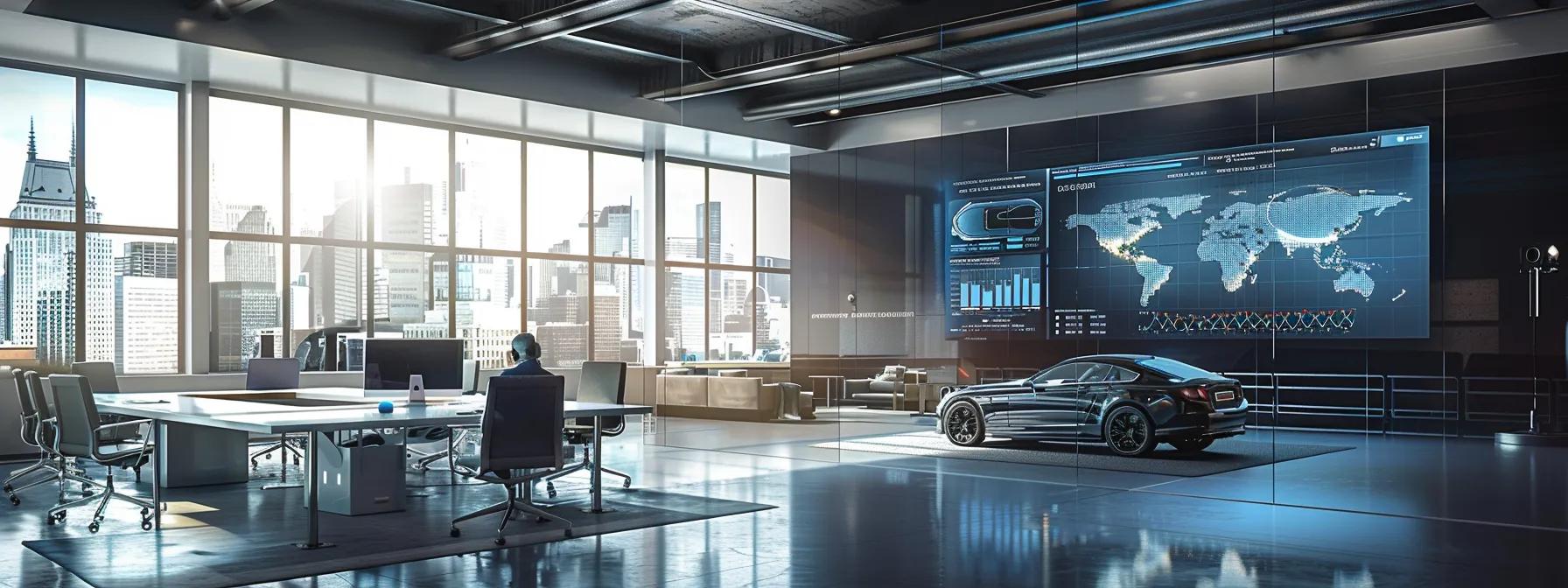 a sleek, modern office space is filled with professionals engaged in a detailed discussion about vehicle detailing service comparisons, with graphs and charts displayed on a large screen highlighting cost analysis and service quality metrics.