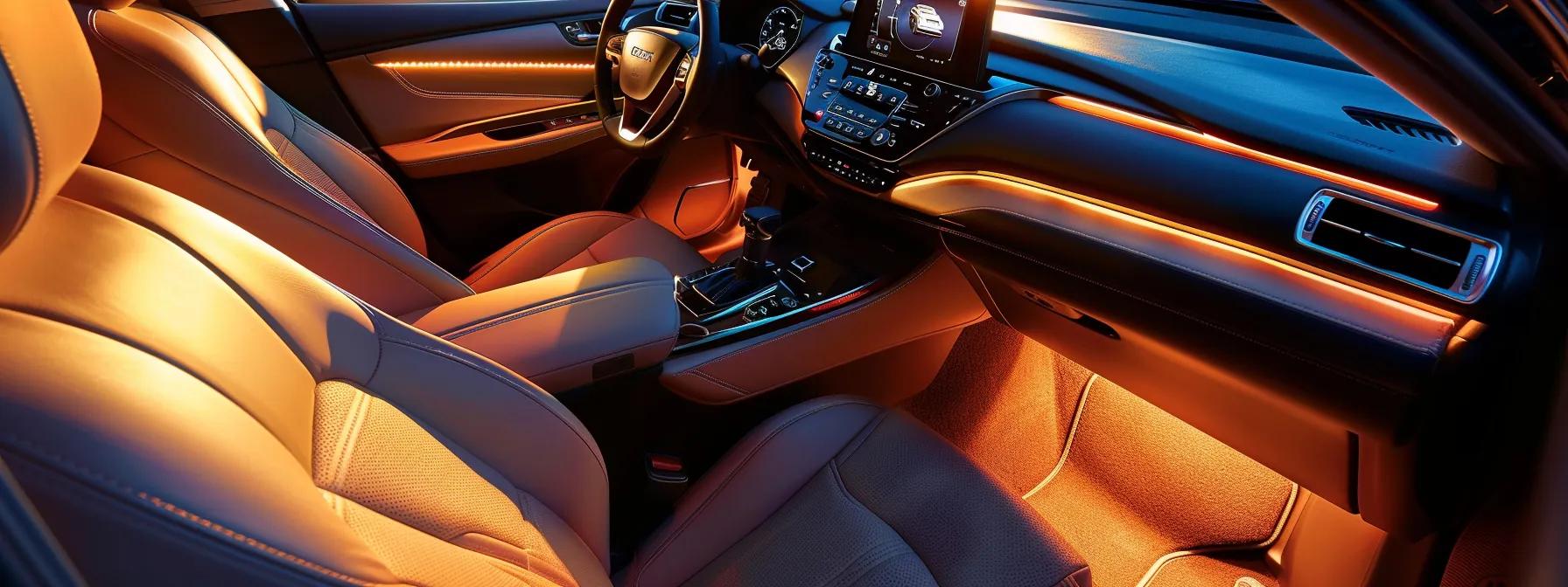 an elegantly organized car interior gleams under warm, focused lighting, showcasing meticulously cleaned seats, polished dashboard surfaces, and expertly detailed carpets that radiate a sense of professional precision and care.