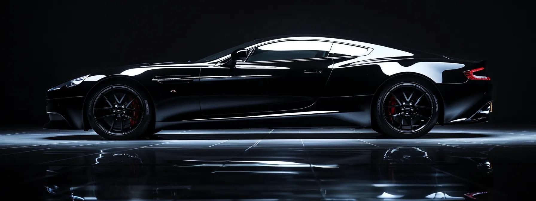 a sleek, professionally detailed car gleams under bright studio lights, showcasing the meticulous finish and reflections that highlight the premium quality of expert car detailing services.