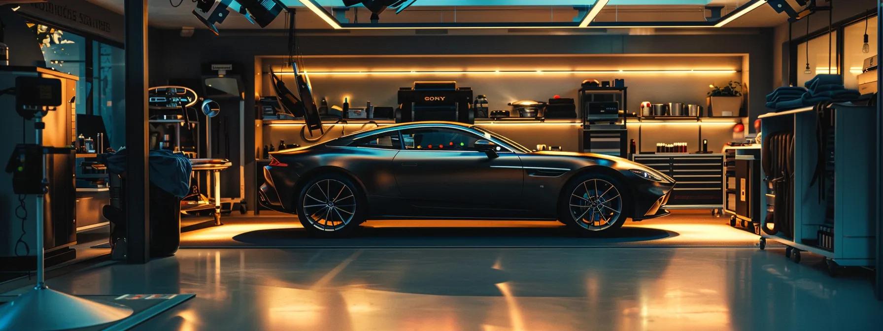 a sleek, high-end car gleams under the soft glow of showroom lighting, surrounded by professional detailing tools and products meticulously arranged on a polished surface, emphasizing the art of achieving a flawless finish.