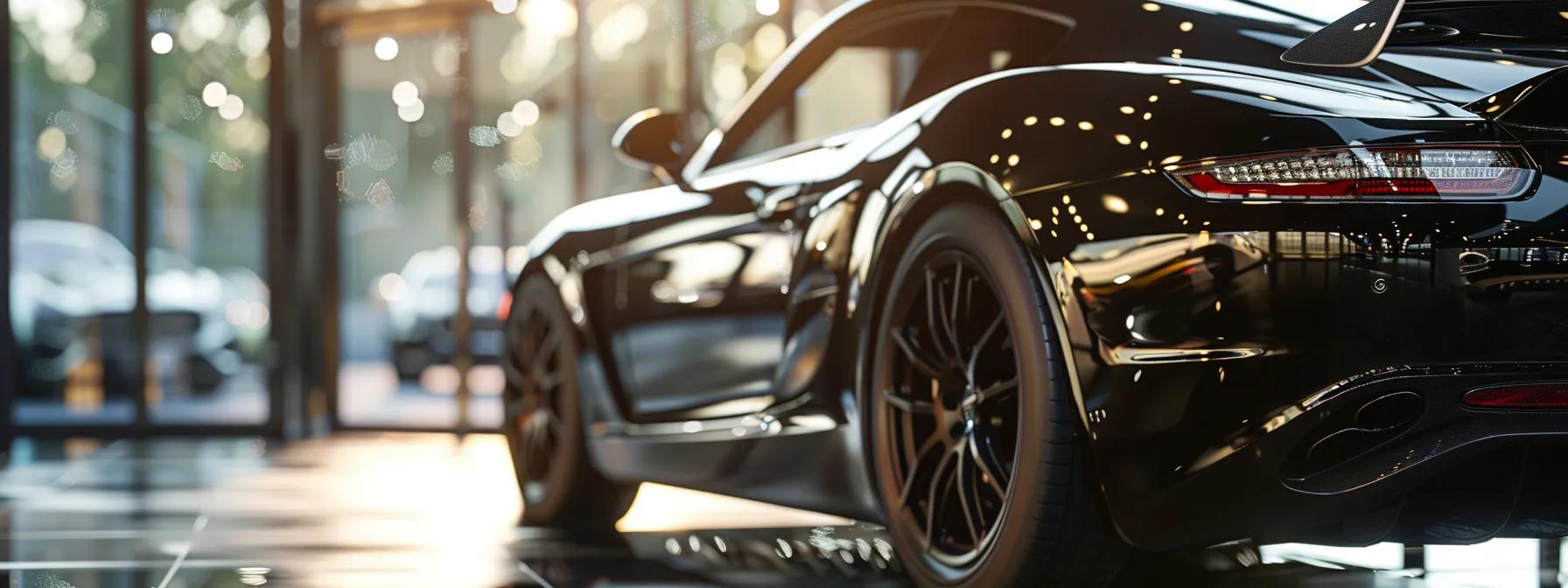 a sleek, polished car glistens in a modern auto detailing shop, sunlight reflecting off its flawless ceramic-coated surface, emphasizing the luxury and protection offered by advanced detailing services.