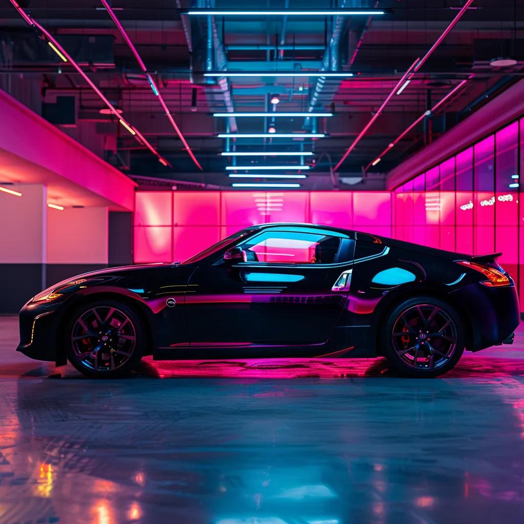 a sleek, modern car parked in an urban garage showcases gleaming ceramic window tinting that highlights its stylish design while reflecting the vibrant city lights.