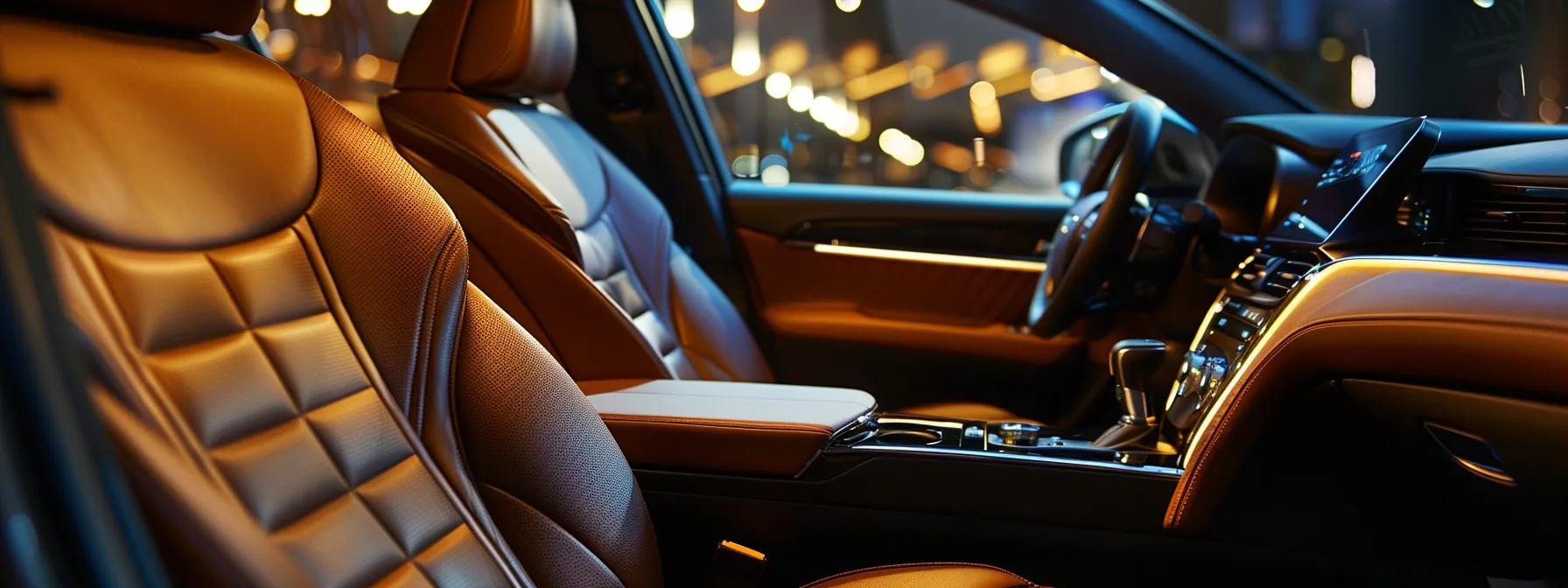 a modern car interior showcases polished leather seats and pristine surfaces, illuminated by soft artificial lighting, while highlighting common detailing mistakes like neglected upholstery and improper cleaning products scattered nearby.