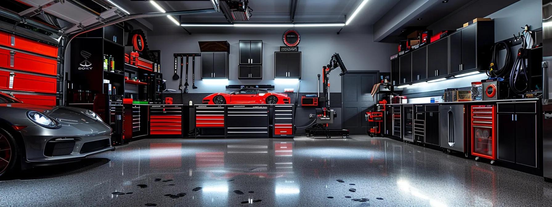 a sleek, modern garage showcases a professional car detailing setup, featuring commercial-grade equipment like a high-powered extractor and dual-action polisher, alongside rows of meticulously organized, high-quality automotive cleaning products, contrasting sharply with a cluttered diy workspace filled with consumer-grade supplies and basic cleaning tools.