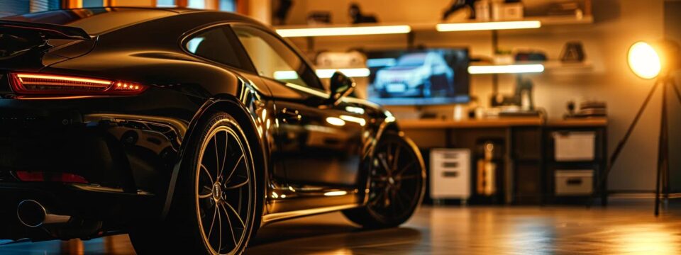 a polished, modern car interior shines under the warm glow of professionally arranged office lighting, with a sleek detailing toolkit prominently displayed in the foreground, representing the expertise necessary for choosing the best detailing service.