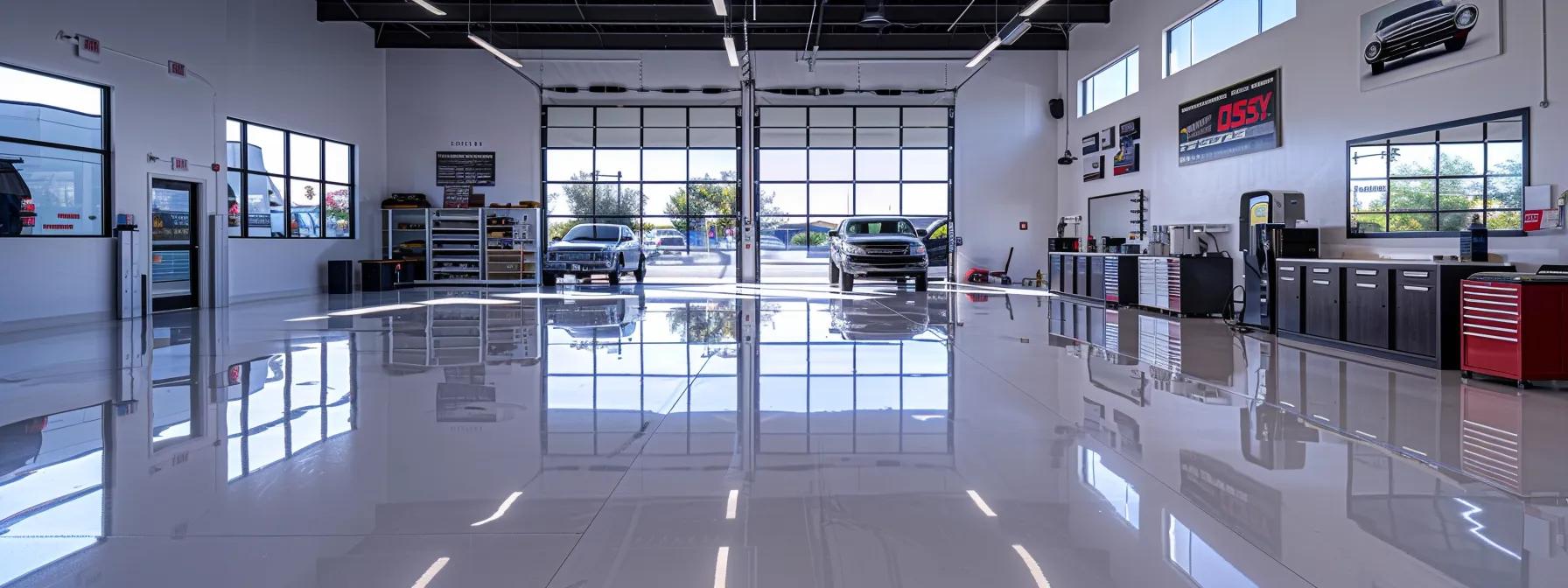 a modern, sleek auto detailing shop displays meticulously polished vehicles, showcasing certifications and glowing customer testimonials on a prominent wall, emphasizing professionalism and high-quality service in a vibrant urban setting.