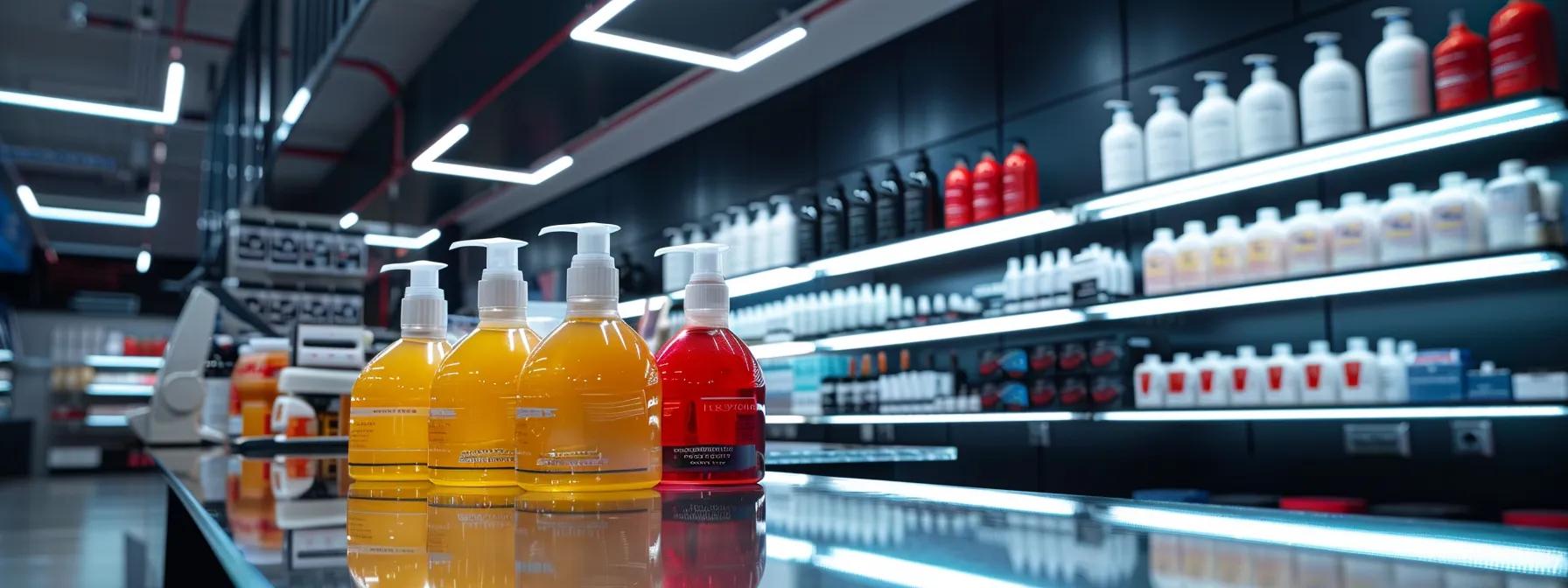 a sleek, modern auto detailing shop showcases an array of high-quality car care products, including vibrant bottles of polish and wax arranged meticulously on a polished countertop, illuminated by bright overhead lights that emphasize their professional allure.