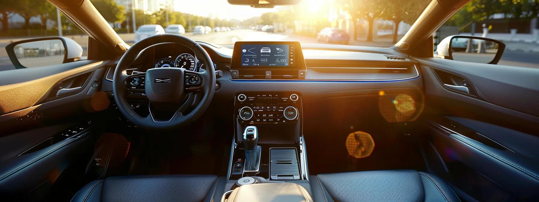 a bright and organized car interior showcases a gleaming dashboard and panels, highlighting the meticulous cleaning process with a sparkling finish that accentuates modern design elements.