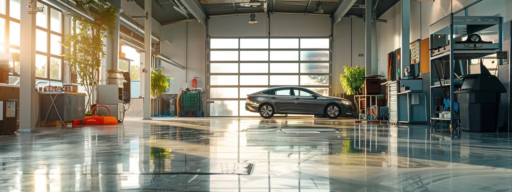 a modern auto detailing shop showcases a pristine vehicle being serviced with eco-friendly cleaning products and biodegradable supplies, highlighting a commitment to sustainability and environmental responsibility in an urban setting.