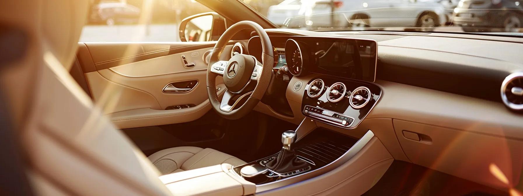 a pristine car interior showcases a sleek dashboard and comfortable seats, highlighted by professional-grade cleaning tools and equipment strategically arranged for an efficient detailing process.