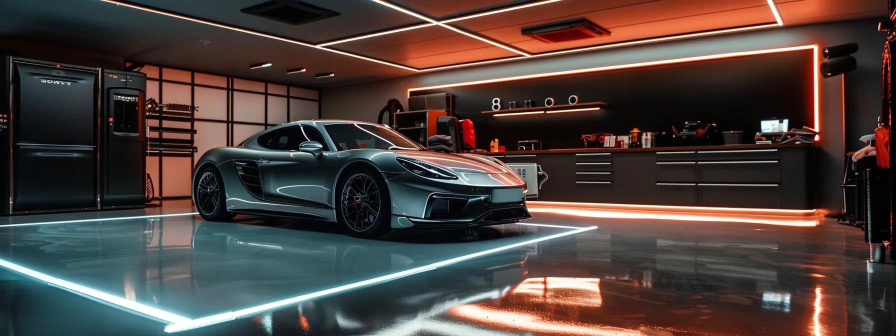 a sleek, modern auto detailing studio features a polished car under bright led lights, showcasing the glossy finish after careful waxing and sealing, with professional equipment neatly arranged in the background.