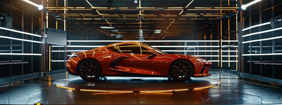 a sleek, polished car glistens under bright showroom lights in a modern detailing studio, showcasing the transformative power of professional exterior car detailing.