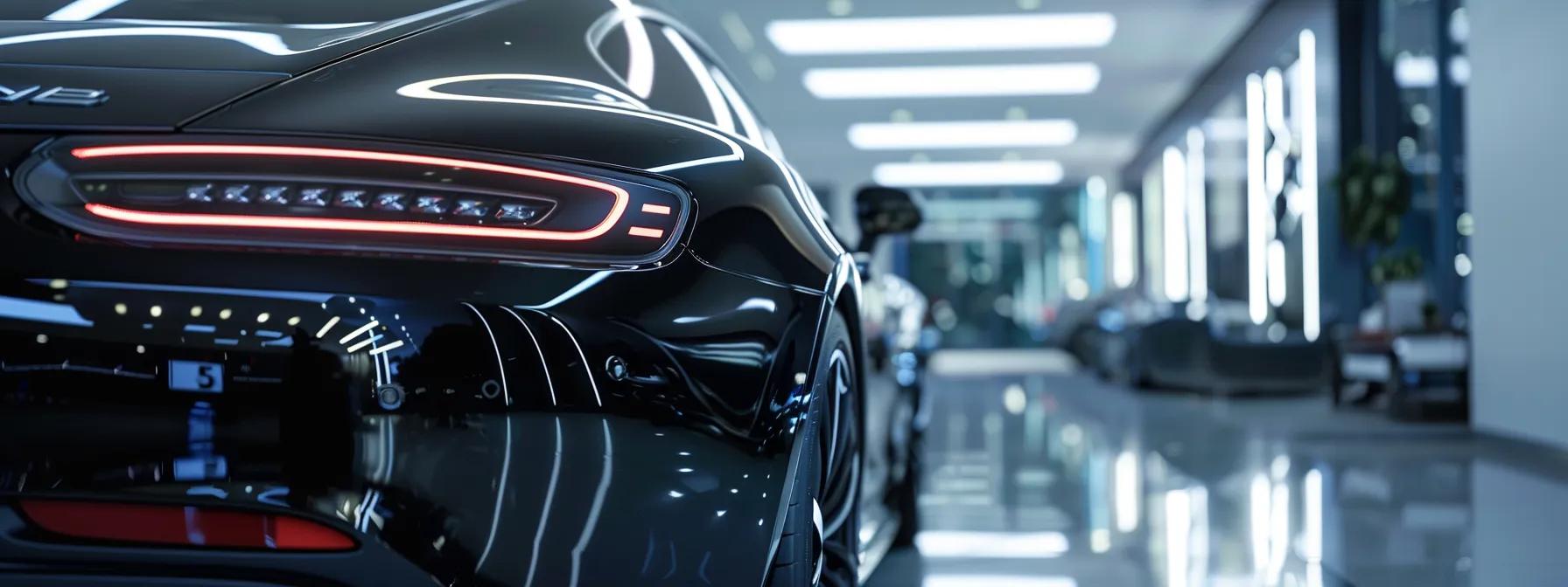 a sleek, polished car gleams under bright showroom lights, showcasing its immaculate detailing against a modern, minimalist backdrop of a high-end auto detailing studio.