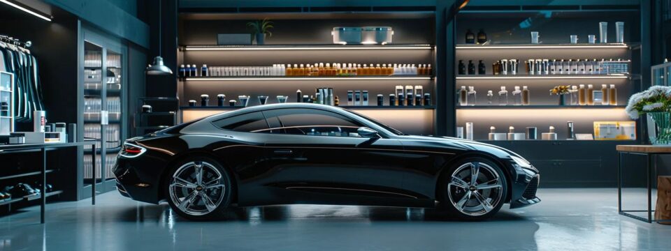 a sleek, luxury car gleams under bright showroom lights, showcasing its meticulously detailed surface that reflects a range of premium detailing products artfully arranged on a polished workbench nearby.