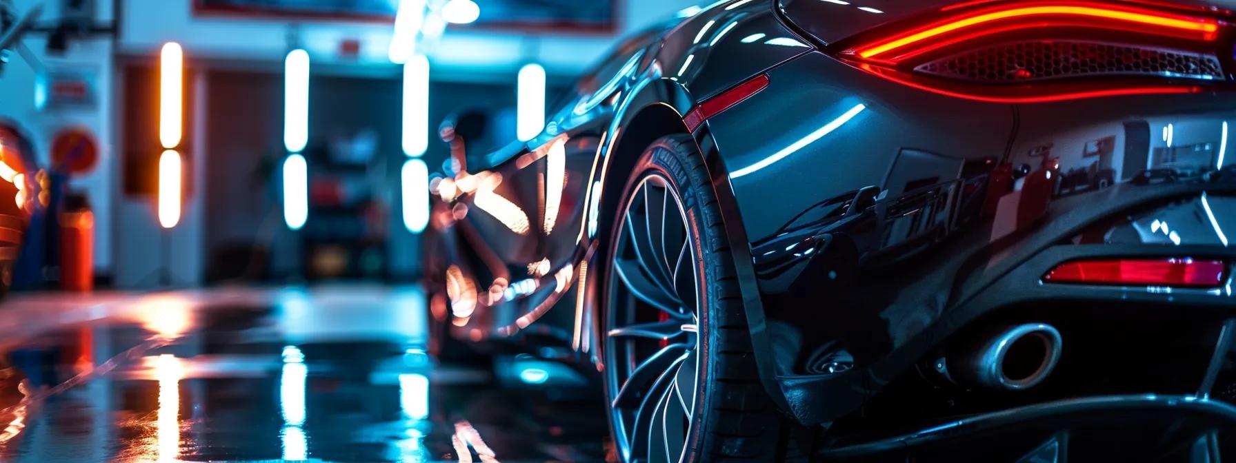 a sleek, polished car glistens under bright showroom lights, showcasing the impressive transformation achieved by top-notch auto detailing services in a modern garage setting.