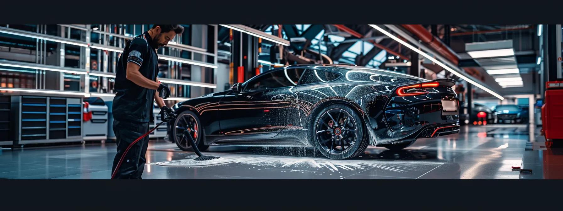 a sleek, polished car gleams under bright showroom lights, showcasing its flawless exterior while a technician meticulously cleans the interior, emphasizing the transformative effects of professional detailing services.