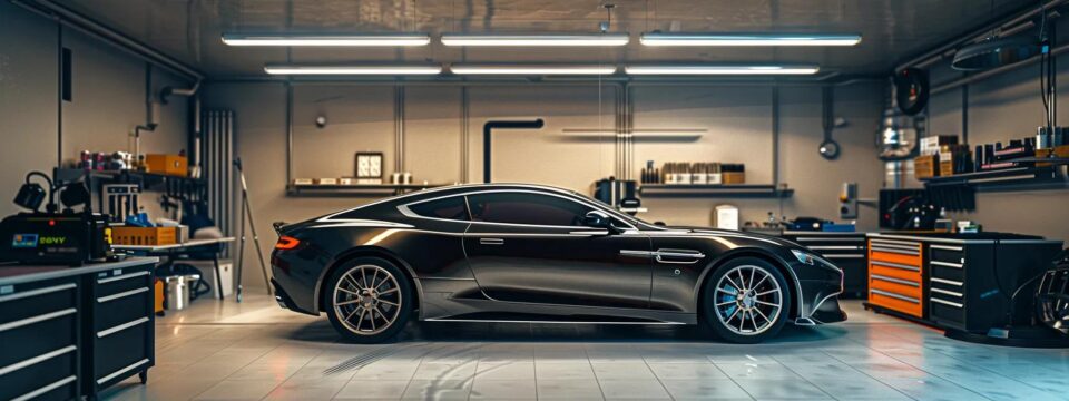 a sleek, modern car gleams under the bright fluorescent lights of a polished detailing garage, showcasing the contrast between professional-grade equipment on one side and diy tools scattered on a workbench on the other, emphasizing the debate of professionalism versus diy in car detailing.