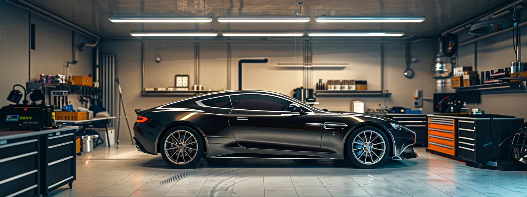 a sleek, modern car gleams under the bright fluorescent lights of a polished detailing garage, showcasing the contrast between professional-grade equipment on one side and diy tools scattered on a workbench on the other, emphasizing the debate of professionalism versus diy in car detailing.