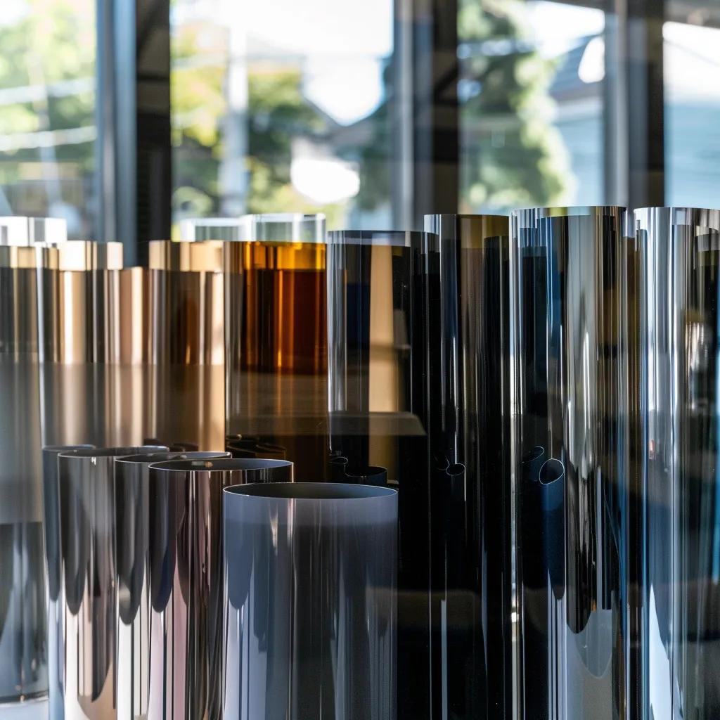 Different types of window tint films displayed in an auto detailing shop, highlighting their unique characteristics