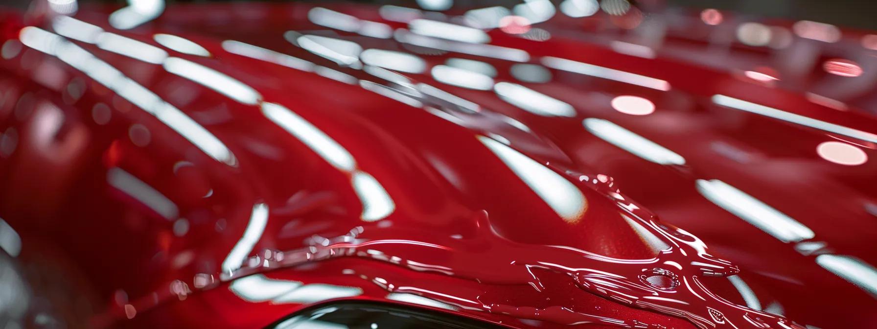 a close-up shot of a glossy vehicle hood being polished under professional studio lighting, with visible swirl marks and polishing tools in the foreground, highlighting the contrast between a flawless finish and the potential for damage from improper techniques.